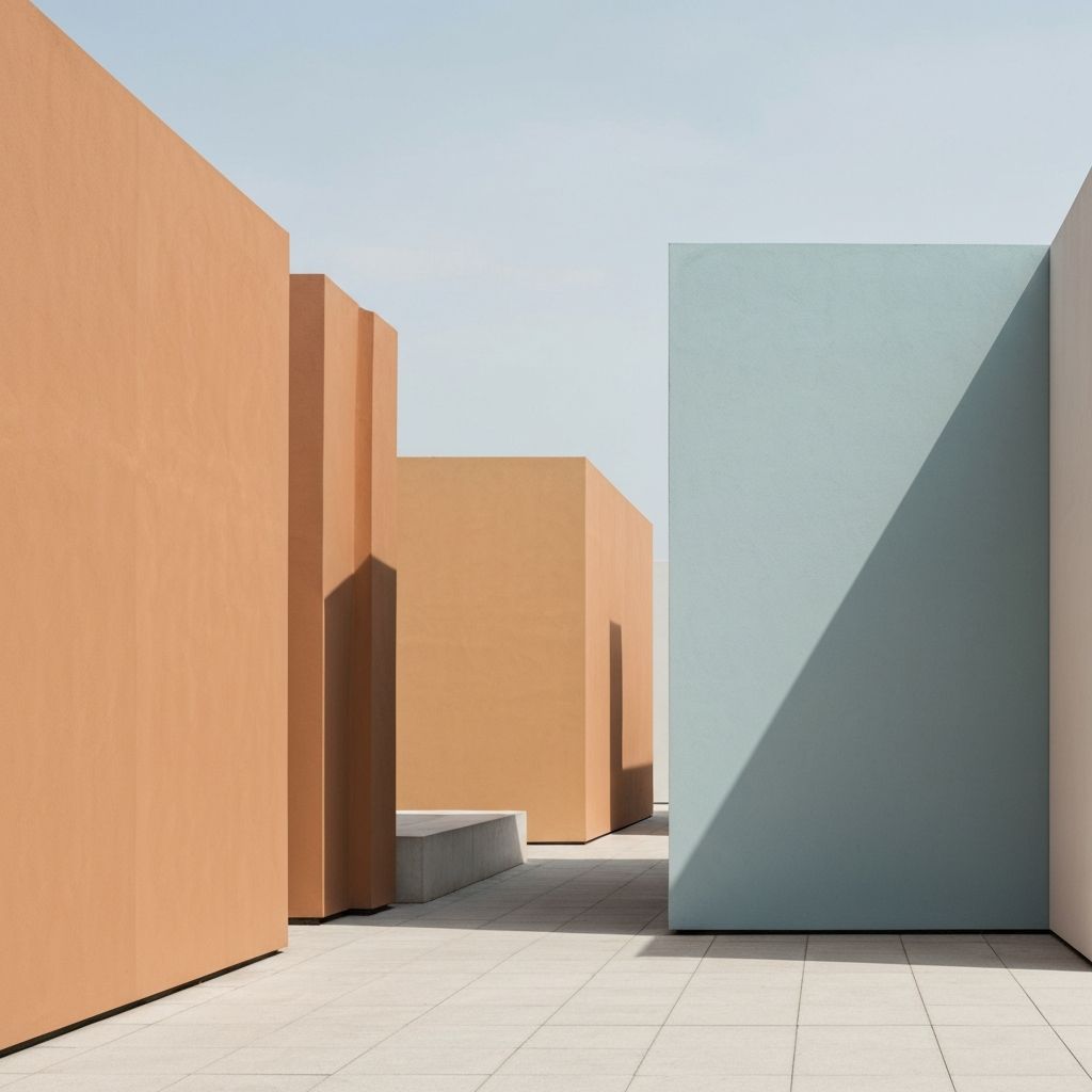 Composición arquitectónica minimalista sugeriendo conexión y comunicación, formas geométricas limpias, estética institucional con tonos balanceados