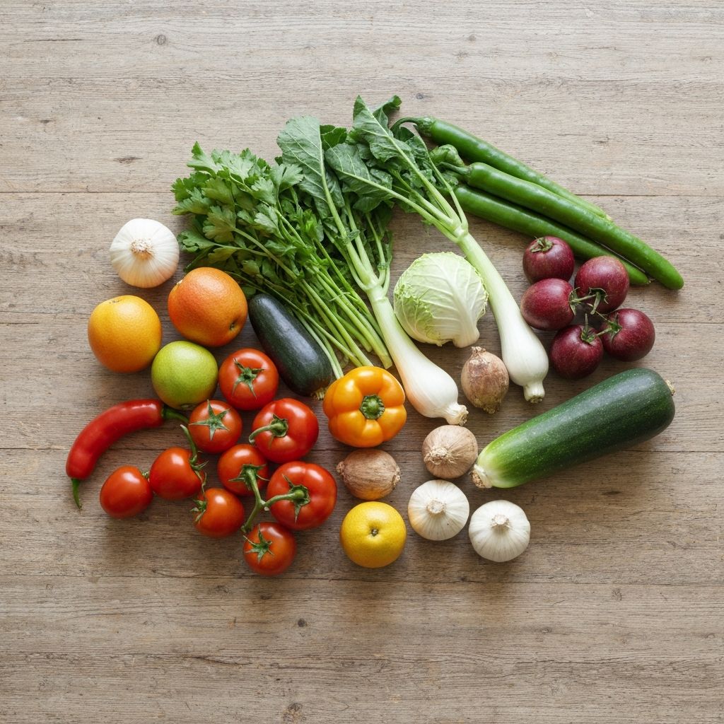 Composición equilibrada de alimentos frescos: verduras, frutas y granos en superficie natural, que representa principios de nutrición balanceada